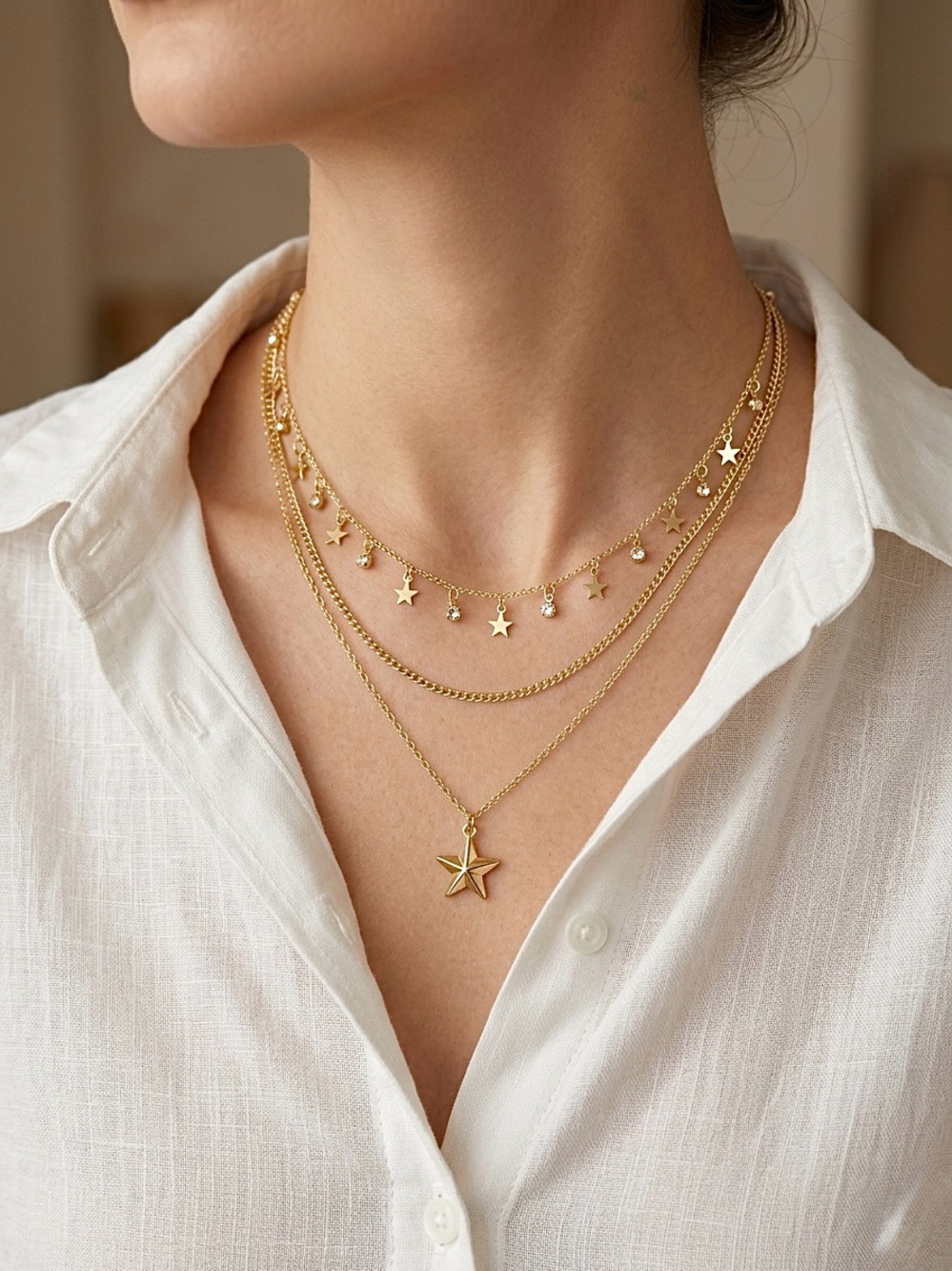 14K Gold Plated Layered Star Charm Necklace Set | Triple Strand Chain Jewelry - Picture 5 of 8